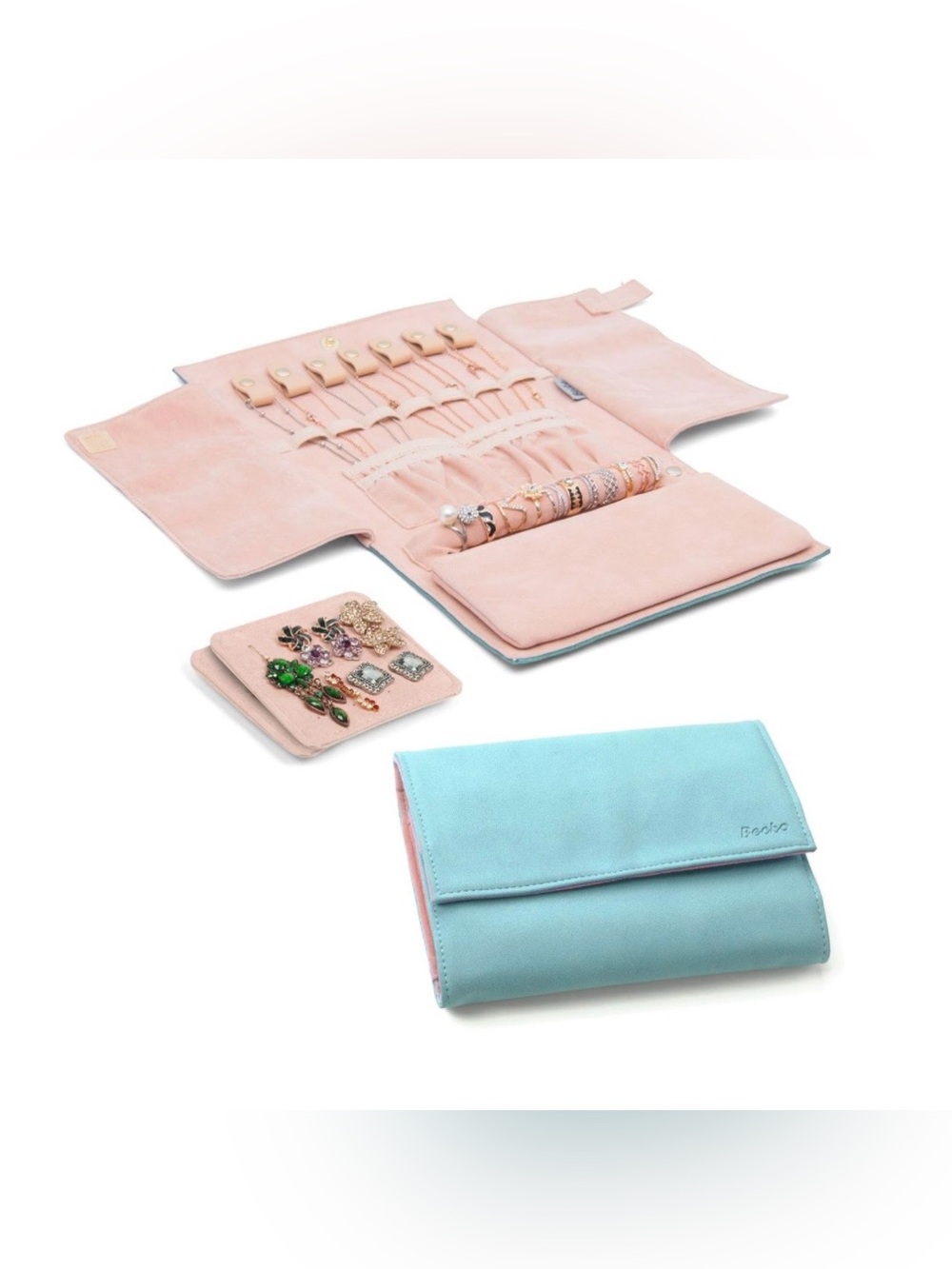 Becko light blue suede jewelry organizer travel case